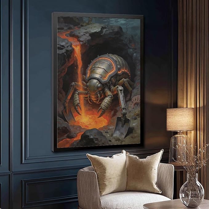 Framed Steampunk Mechanical Trilobite Wall Art - Volcanic Underwater Retro Poster for Garage Apartment Decor 08x12in