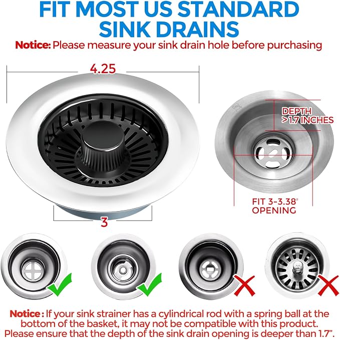 3 in 1 Kitchen Sink Drain Strainer Stopper Removable Basket Pop-Up | Kitchen Sink Accessories 1 Pack Brushed Black Stainless - Food Catcher, Odor-Blocking Seal, Fits 3.5" Drain