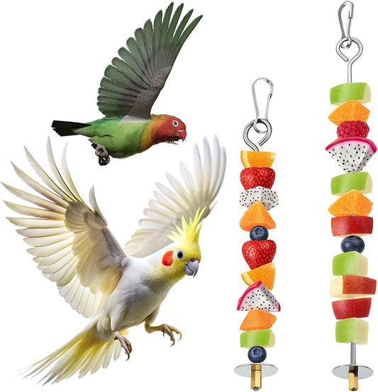 2PCS Bird Cage Food Holder with Hook, Parrot Fruit Vegetable Skewer, Stainless Steel Bird Feeder for Cages, Hanging Foraging Toy, Birds Cage Feeder Foraging Toy for Macaw Parakeet Parrot Budgie