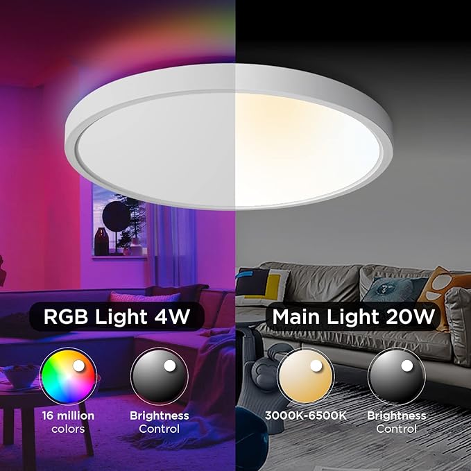 TALOYA Compatible with Apple Homekit/Siri LED Flush Mount Ceiling Light Fixture, 15.8inch 28W Smart Ceiling Light Fixture with RGB Backlight, 3000-6500K Light Changeable, for Living Room, Bedroom