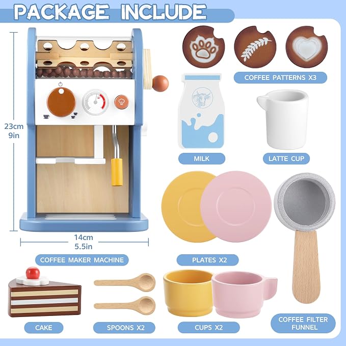 GAGAKU Wooden Coffee Machine Toy with Grinder，15 pcs Wood Play Kitchen Accessories for Kids Non-Toxic Pretend Play Barista Set Learning Gift for Toddlers Girls Boys Ages 3+