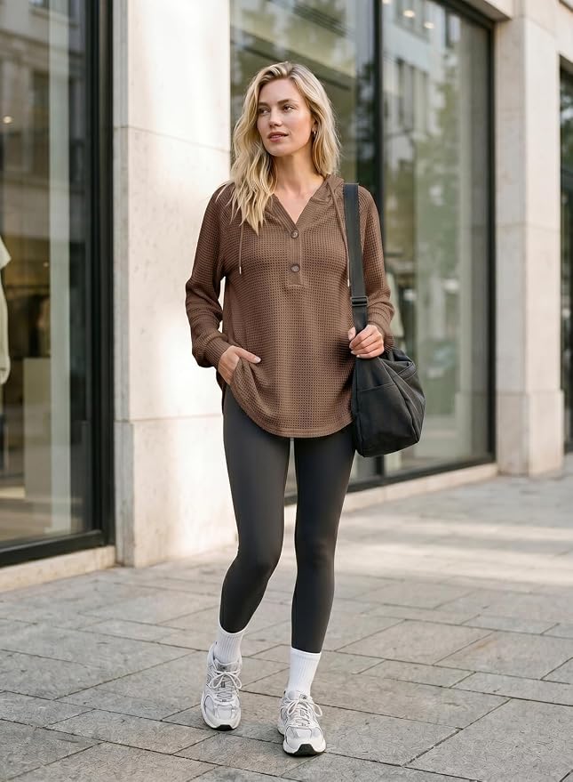 Dokotoo Hoodies for Women Waffle Knit Long Sleeve Drawstring Button V Neck Casual Sweatshirt Hooded Tops Fashion Clothing