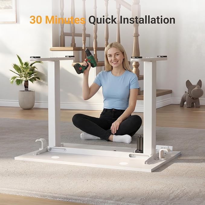 YDN 40 x 24 Inch White Electric Standing Desk | Adjustable Height, Sit Stand, Cable Management, Ergonomic, Home Office