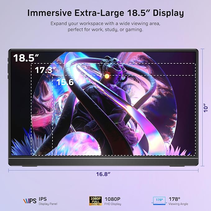 MNN 18.5" 100Hz FHD IPS USB-C HDMI Portable Gaming Monitor | 18.5" FHD IPS 100Hz, built-in stand & dual speakers, USB-C/HDMI, for PC/Phone/PS5/Xbox/Switch, travel gaming.