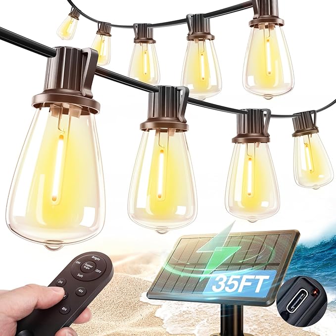 addlon 35FT Solar String Lights Outdoor, IP54 Waterproof Solar Powered with Remote & USB Port, 10+1 LED Shatterproof Bulbs, Dimmable Solar Light Outdoor for Camping Backyard Bistro Porch