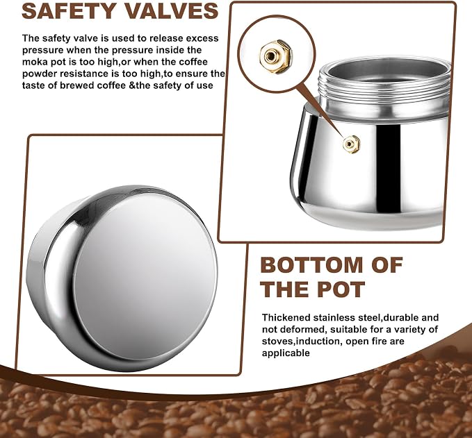 4 Cup Stovetop Espresso Maker Stainless Steel Moka Pot Stove Top Percolator Italian Coffee Makers Capable Mocha Greca Machine Cafe Classic Induction Cookers for Home and Camping 200ml 6.6oz