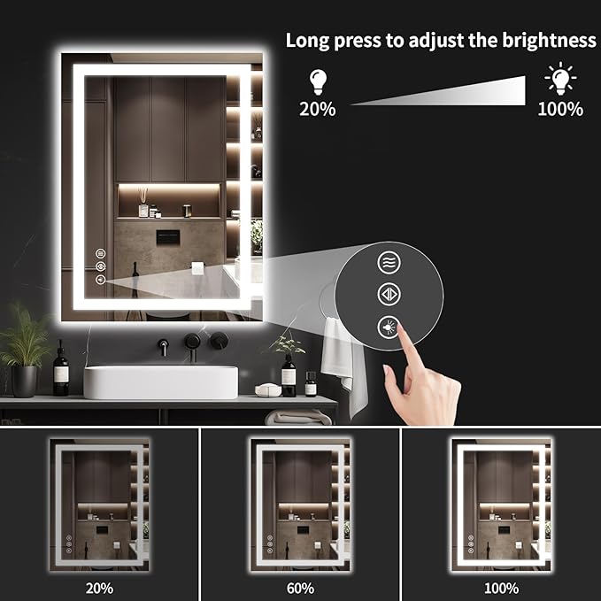 LED Bathroom Mirrors 24"x40" Bathroom Mirror with Lights for Wall, Backlit + Front Lit, 3 Colors, Anti-Fog, Dimmable Brightness for Vanity,Bathroom, Entryway, Living Room