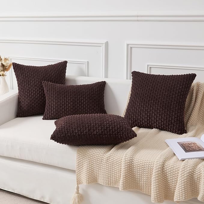 Kevin Textile Soft Corduroy 12"x20" Lumbar Pillow Cover 1 Pack, Coffee | Boho Stripe Plush Corduroy Decorative Oblong Cushion Cover Modern Farmhouse Home Decor for Sofa Couch Bed Chair