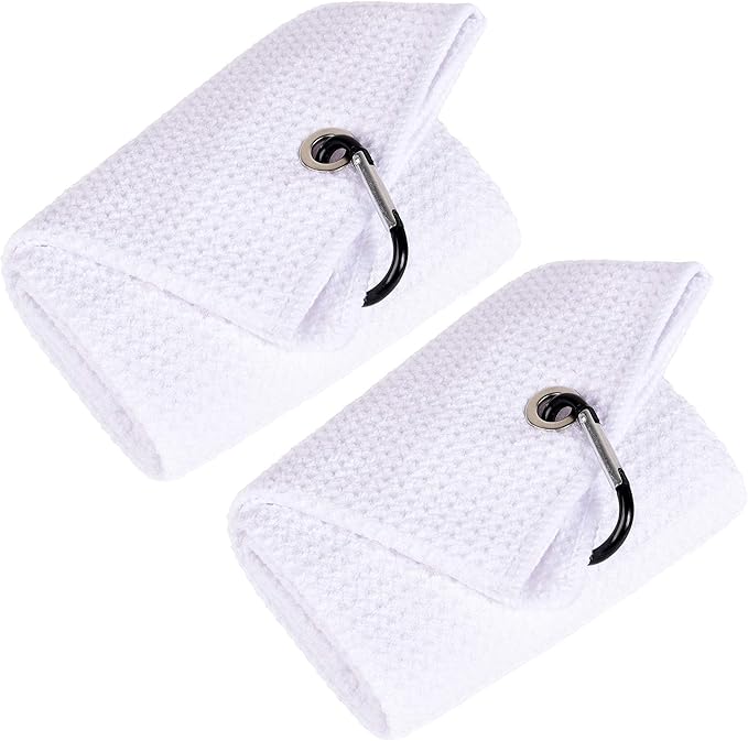 Mile High Life 2 Pack White Microfiber Tri-Fold Golf Towels with Carabiner Clip, Water Absorbent, Size 16"x21"