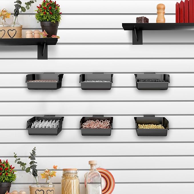 6 Pack Slatwall Bins with Hooks Plastic Slatwall Organizer Slatwall Containers Workbench Bins for Slat Wall Organizing Hardware, Garage, Craft Room, Tool Shed, Hobby Supplies (6, Black)