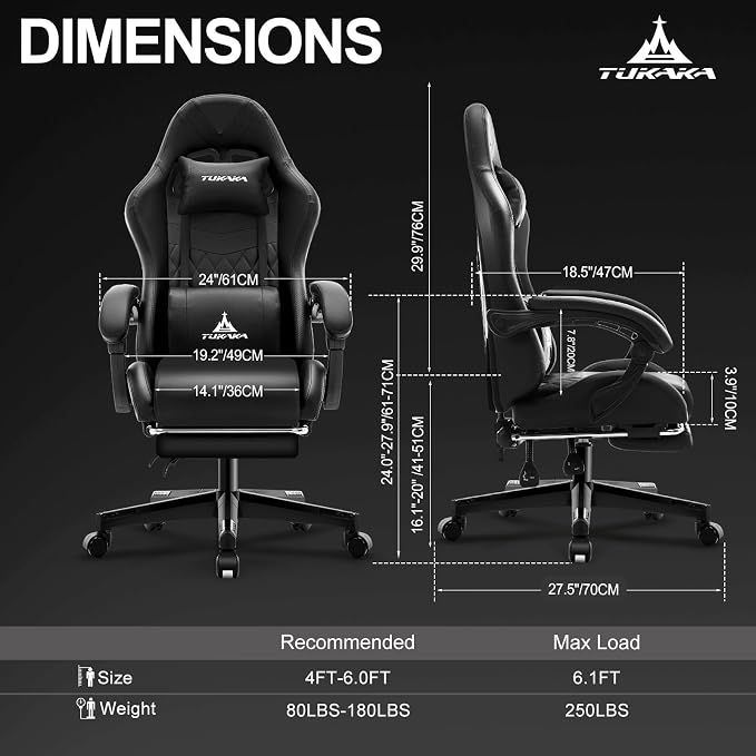 Gaming Chair,Ergonomic Massage Office Desk Chair with Footrest,Black | Pocket Spring Cushion,Reclining,Thick High Back,Headrest and Lumbar Support,Adjustable Leather Computer Chair Gamer Chair