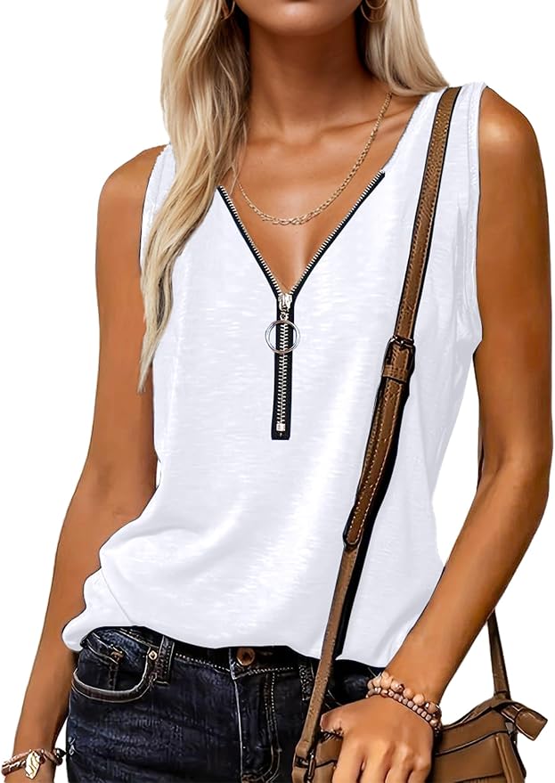 Halife Womens Half Zip V Neck Tank Tops Summer Sleeveless Shirts Casual Loose Top Blouses T Shirts