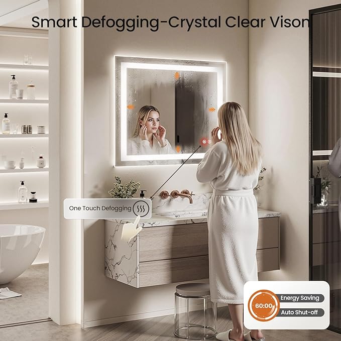 60X30 LED Bathroom Mirror with Lights, Anti-Fog, Dimmable - Lighted Bathroom Vanity Mirror with Front & Back Light, 3 Color Temperatures, Memory Function, Tempered Glass (Horizontal/Vertical)