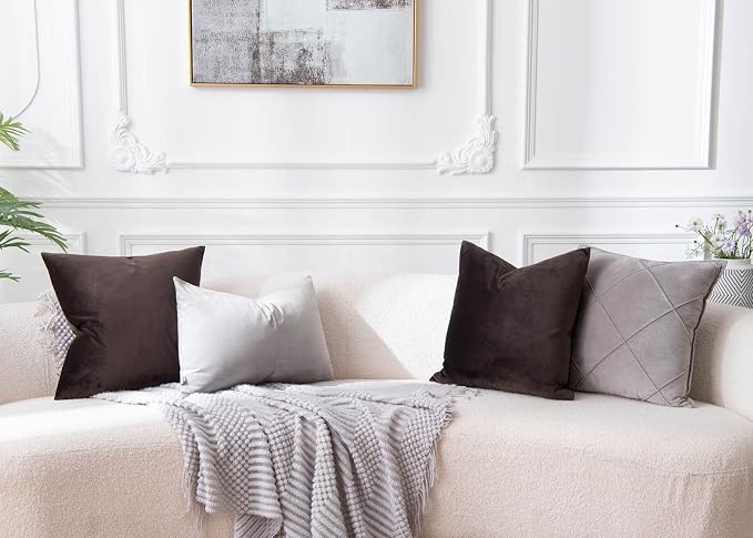 Coffee Throw Pillow Covers 18x18 Decorative Velvet Cushion Covers Set of 2 | Soft Pillow Cases with Invisible Zipper for Modern Couch Sofa Bed Living Room Bedroom Home Decor