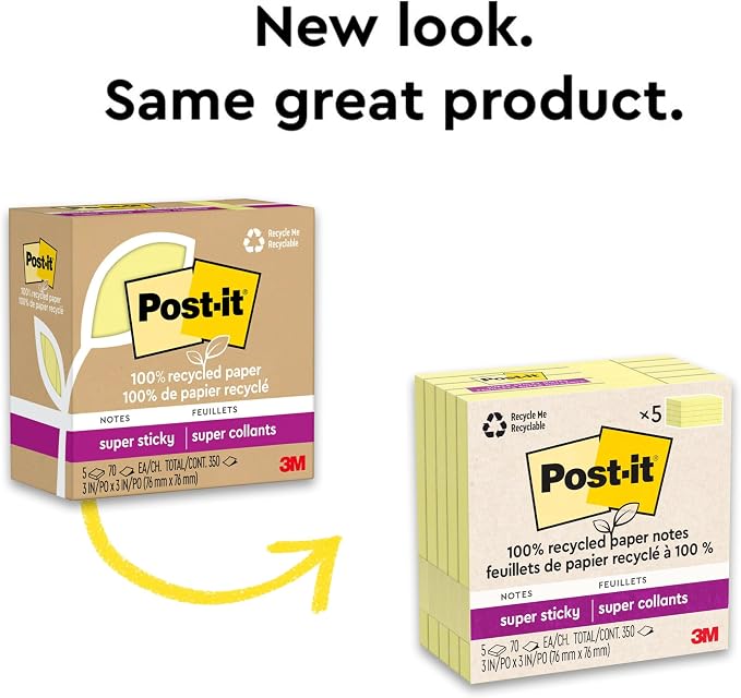 Post-it 100% Recycled Super Sticky Notes, 3 x 3 in, Canary Yellow, 5 Pads