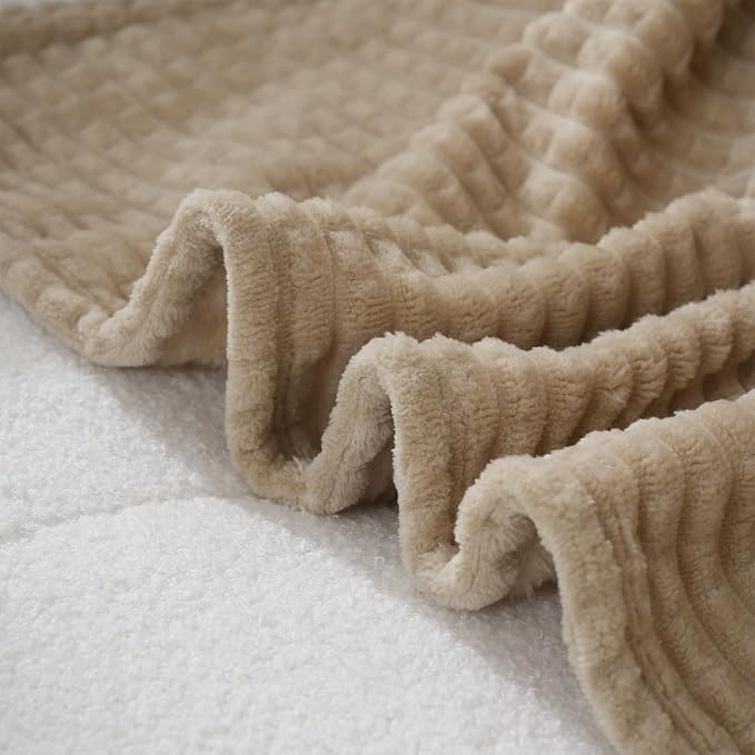 Puncuntex Fleece Throw Blanket Khaki 50"×60" with Square Grid Design | Super Soft Plush Cozy Flannel Throw Blanket Luxury for Couch Sofa Chair