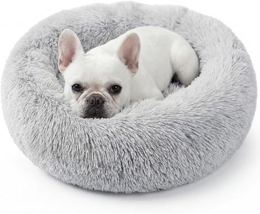 Calming Dog Bed, 24" x 24" x 6" Fits Cat & Dog, Anti-Slip Round Washable Faux Fur for Doze Off, Napping Orthopedic, Grey