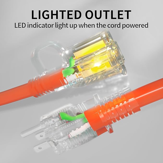 POWGRN 25 ft 12/3 Outdoor Extension Cord Waterproof Heavy Duty with Lighted Indicator End 12 Gauge 3 Prong, Flexible Cold-Resistant Long Power Cord Outside, 15Amp 1875W SJTW Orange ETL Listed