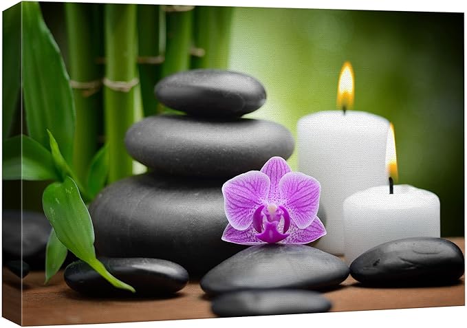 wall26 Canvas Print Wall Art Purple Orchid with Candles, Massage Stones & Bamboo Floral Nature Photography Realism Zen Scenic Multicolor for Living Room, Bedroom, Bathroom, Office - 24"x36"
