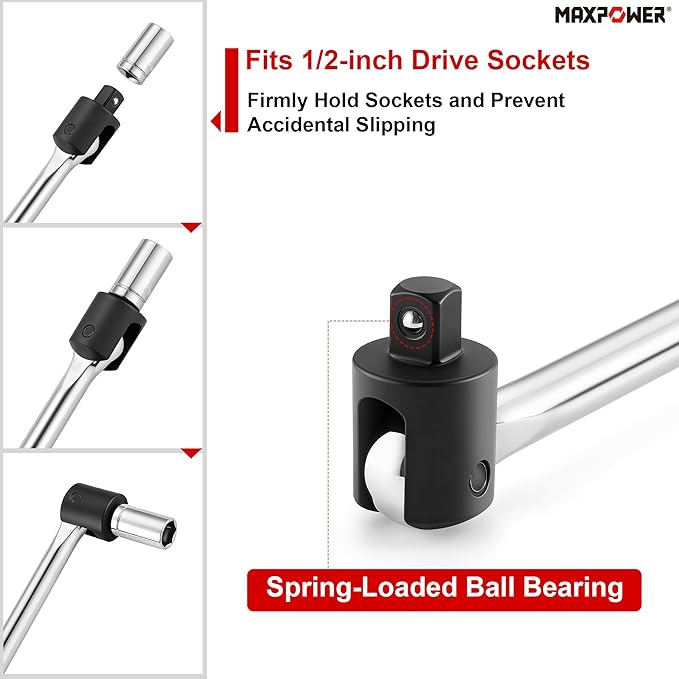 MAXPOWER 1/2" Drive Breaker Bar, 17-inch Breaker Bars with 270° Flex Head, Soft Grip Handle