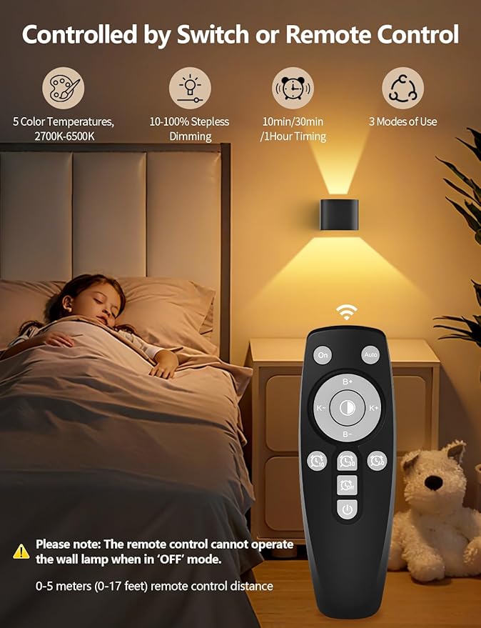 Motion Sensor Wall Light with Remote Control, 5000mAh Rechargeable Battery Powered Wall Lamps, Dimmable 2700-6500K, Adjustable Beam Angle, Black Up and Down Wireless Wall Sconce for Bedroom, 2-Pack