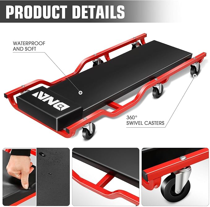DNA Motoring 40inch Low Profile Plastic Rolling Garage Shop Creeper, Heavy Duty Creeper for Garage, Warehouse, Car Repair Shop, TOOLS-00638-BK-RD