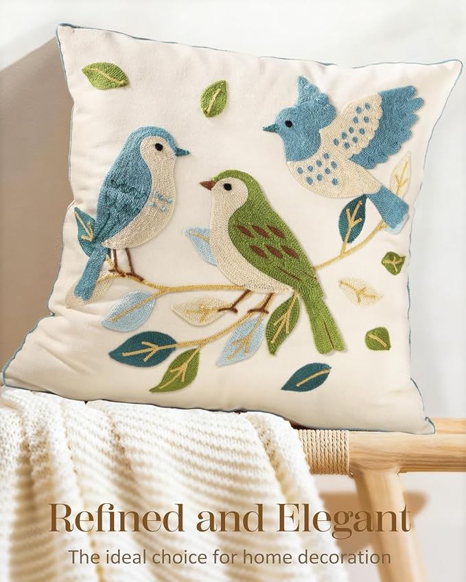 Animal Embroidered Throw Pillow Cover 18x18 Inch, Floral Birds | Decorative Pillow Cover, Cottagecore Cushion Cases with Hidden Zipper, Farmhouse Decor for Couch, Sofa, Living Room