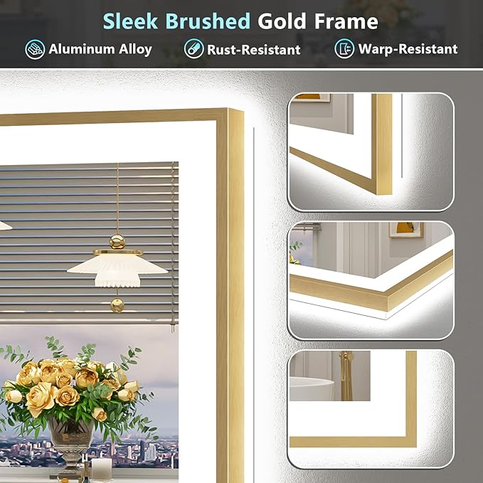 44x32 Gold LED Bathroom Mirror with Lights, Brushed Gold Framed Backlit and Front Lit Anti-Fog Lighted Vanity Mirrors for Bathroom Wall, Dimmable, 3 Colors, Memory, HD Tempered Glass, CRI＞90