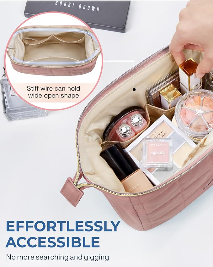 BAGSMART Makeup Bag Travel Toiletry Bag, Wide-open Zipper Pouch, Dark Pink | Puffy Padded, Travel Essentials, Make Up Bag, For Women, Makeup Organizer, Toiletries Accessories Brushes