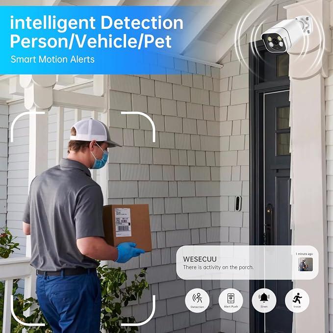 4K Security Camera System, 4pcs 2K PoE Wired Turret Cameras with Human Detection and 2 Way Talk, Color Night Vision, 8MP 4CH NVR with 1TB Hard Drive for 24/7 Local Recording, No Subscription (4 CAM)