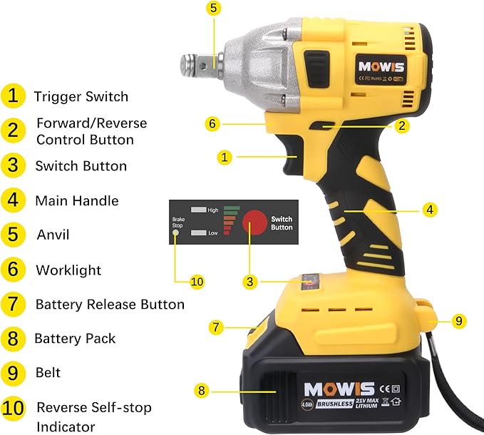 Mowis Cordless Impact Wrench 1/2 Inch 20V 400Nm Brushless Power Impact Gun, 2200rpm Speed, 4.0Ah Li-ion Battery, 4 Impact Sockets, Fast Chargers, Tool Box