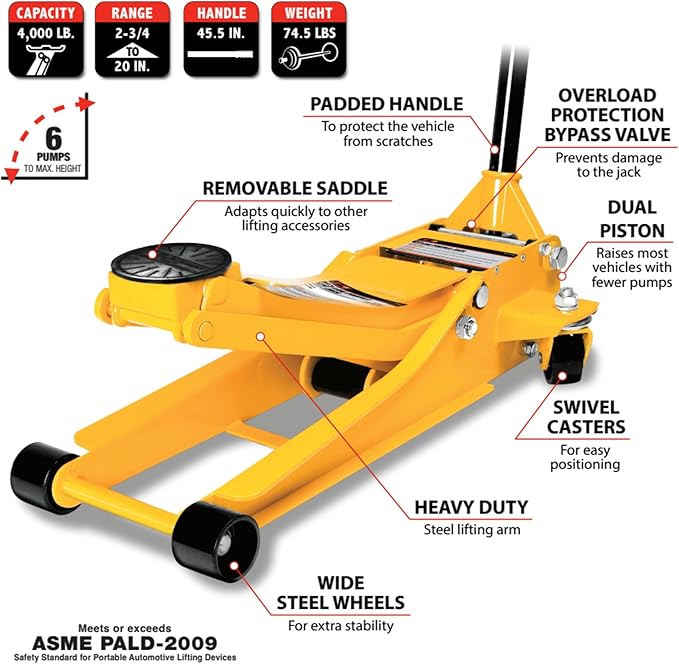 Performance Tool W1642 Professional Low-Profile Swiveling Floor Jack, 2-Ton Capacity, Lift Range 2-3/4-Inch to 20-Inch