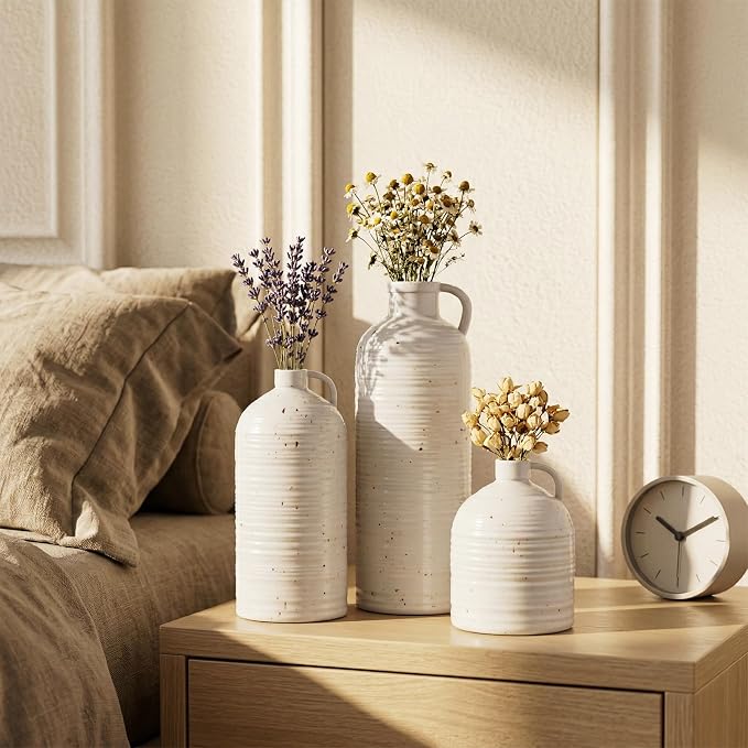 Firehold Ceramic Vase Set of 3 w/Handles, Rustic Farmhouse White Decor Vase | Textured Country Home Decor Vases for Shelf, Mantel, Table Centerpiece, Perfect for Pampas Grass & Dried Flowers