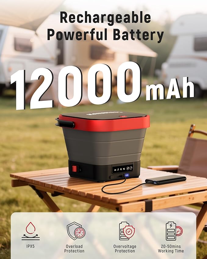 KAIWEETS Portable Electric Pressure Washer Rechargeable with 12L Tank, Foldable Power Washer Cordless with 5 in 1 Nozzle, Max 220PSI, Type-C Charging, 16FT Hose, for Camping, Patio, Bike, Pet Cleaning