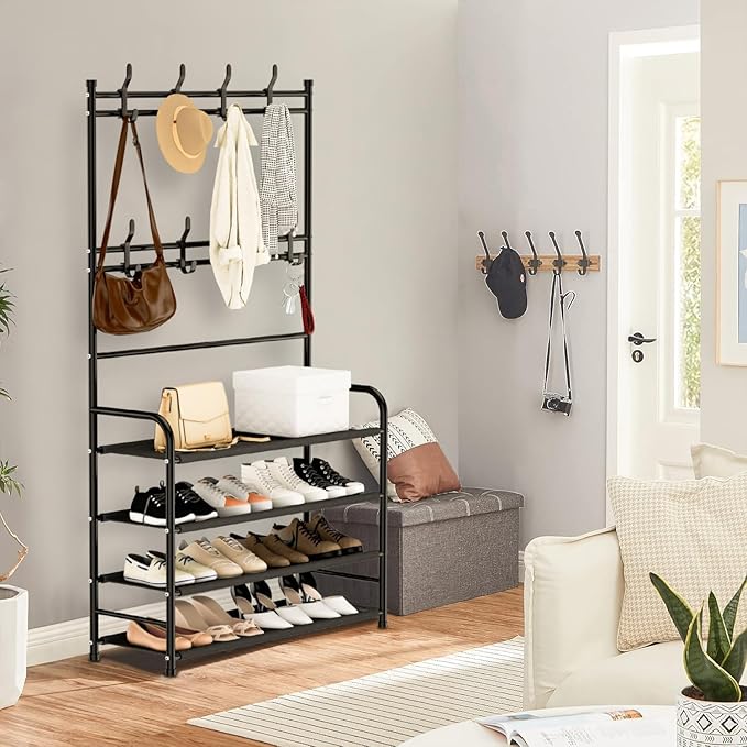 darsun 31.5" Hall Tree, Shoe Storage Bench with 4 Tiers & 8 Hooks, Multipurpose Coat Rack for Entryway, Hallway, Bedroom, Office, Space Saving Organizer