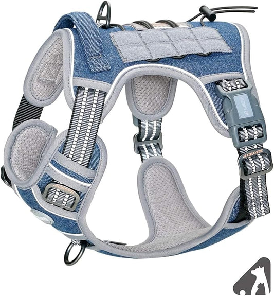 AUROTH Tactical Dog Harness for Small Medium Dogs No Pull Adjustable Pet Harness Reflective Working Training Easy Control Pet Vest Military Service Dog Harnesses Denim Blue S