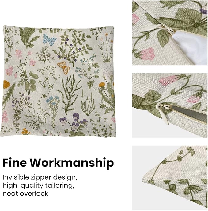 AEIOAE Spring Pillow Covers 22x22 Inch Set of 2,Sage Green Wild Flower Plant Throw Pillows Case,Seasonal Floral Outdoor Decorative Square Linen Farmhouse Decor Cushion Covers for Home Sofa Bed Couch