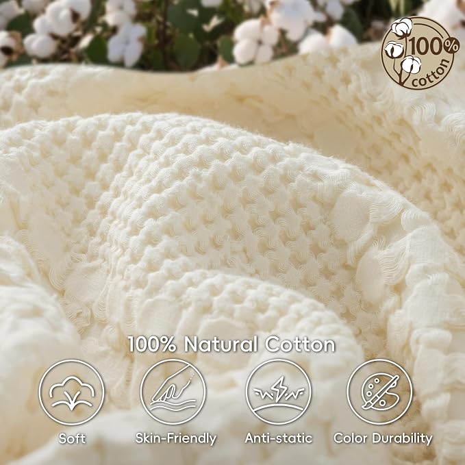 PHF 100% Cotton Waffle Weave Blanket Queen Size, Lightweight Breathable Summer Blanket for Hot Sleepers, Pre-Washed Soft Layer for Bed, Couch, Aesthetic Home Decor & Gift, 90"x90", Ivory