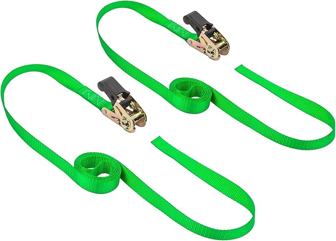 PowerTye - Endless Ratchet Strap - 1in x 7ft Easy Grip (Hookless), Tie Down Strap w/ 400 lb. Working Load Limit / 1,200 lb. Break Strength, Ideal for Motorcycle, ATV, Bike, & Coolers, Green 2-Pack