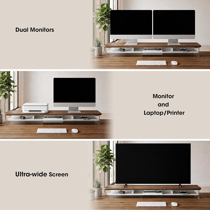 Fenge 42.5" Dual Monitor Stand with Clear Acrylic Legs, Brown | Clear acrylic, storage compartment, 2-tier home office monitor riser, wide large desktop shelf fit monitor/laptop/printer