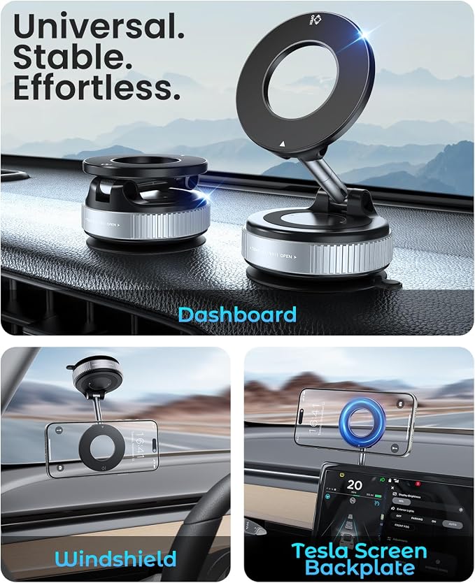 Jononser Magnetic Suction Cup Phone Mount for Magsafe, 360�� Adjustable Magnetic Car Phone Holder, Pocket Size Foldable Car Mount, Phone Holders for Your Car for iPhone 17 16 15 14 13 12 Series,Silver