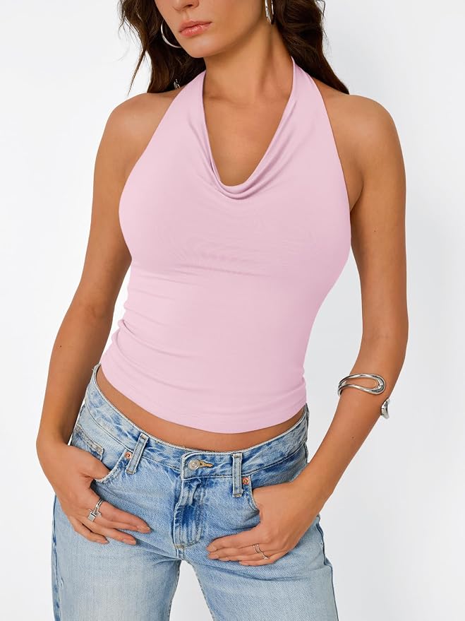 Trendy Queen Halter Tops for Women Going Out Summer Top | Cowl Neck Shirts, Sexy Backless, Fashion Y2K Clothes, Perfect for Party, Club, Vacation, Pair with High-waisted Bottoms
