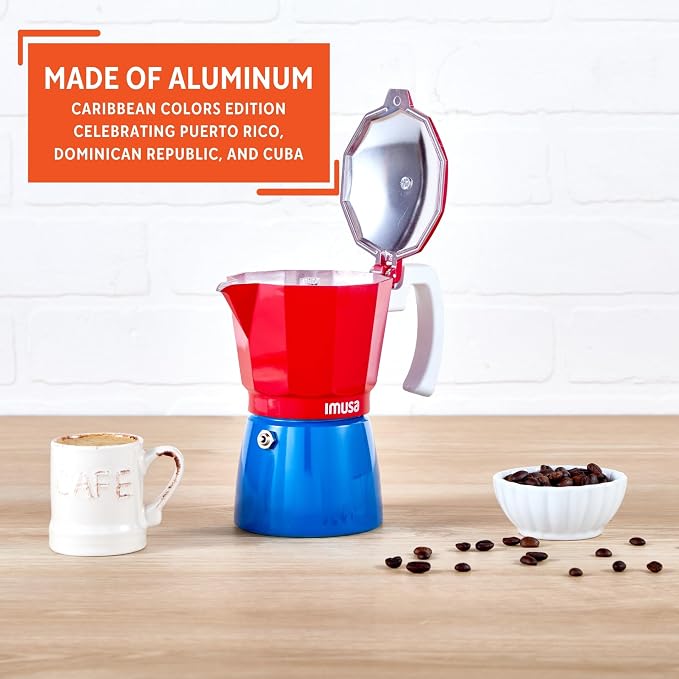 IMUSA 3 Cup Caribbean Cast Aluminum Stovetop Coffee Maker | Bare Cast Aluminum Finish, Cool-Touch White Handle, Ideal for Demitasse, Great for Daily Coffee Moments