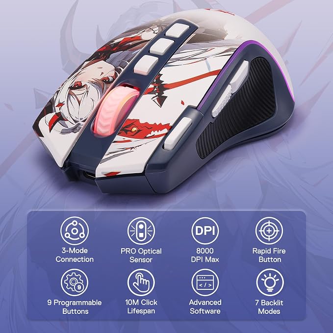 Redragon M612AK PRO Wireless Anime Gaming Mouse 8000 DPI Remapping Keys | Cable-Free 0 Delay, Rapid-Fire Clicker, Redefine Keybinding Macro, Vibing Backlight, Ergonomic Grip Body Comfort