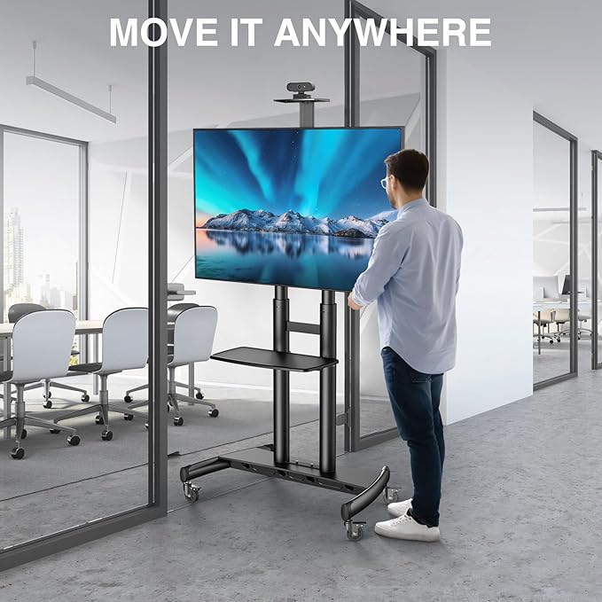 PERLESMITH Mobile TV Stand for 55-90 Inch Flat/Curved Screen TV Max VESA 800x500mm Outdoor TV Cart with Height Adjustable AV Shelf- UL Certificated Rolling Floor TV Stand Holds up to 200Lbs (PSTVMC07)