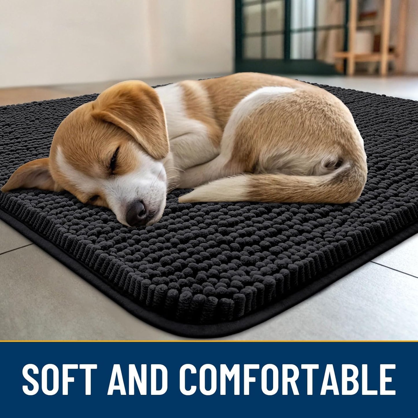 Smiry Dog Door Mat for Muddy Paws 59x35, Absorbs Moisture and Dirt Doormat, Non-Slip Washable Quick Dry Chenille Front Door Mat Indoor Entrance, Entryway Carpet for Inside Floor, Black