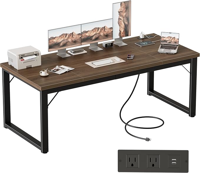 Mericonia 63x28 Inch Computer Desk w/Power Outlets, 1.2" Thick Office Table | Modern Simple Style, Heavy Duty Industrial Frame, Large Study & Writing Table for Home Bedroom Work, Walnut
