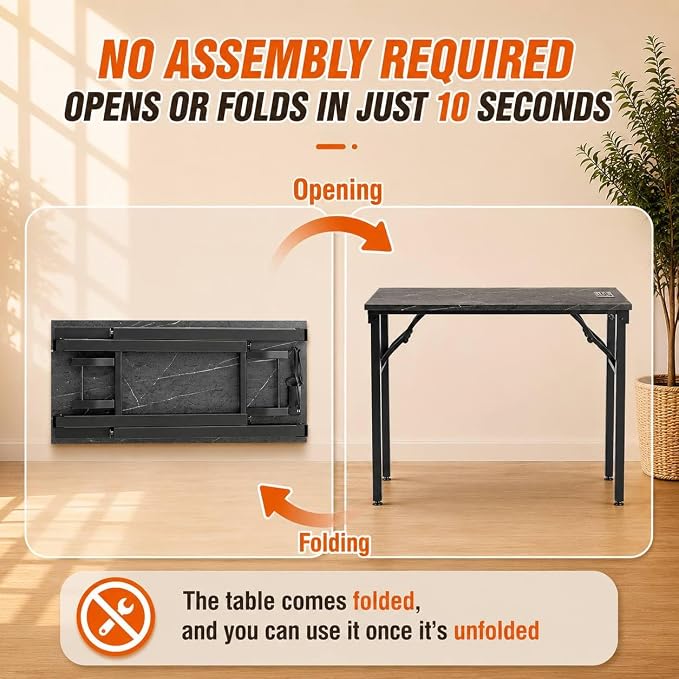 Folding Table Computer Desk - 35.8" No Assembly Folding Desk with Power Outlets & USB Charging Port, Small Desk, Foldable Office Desk, Compact Storage Portable Use for Small Space, Marble Greige