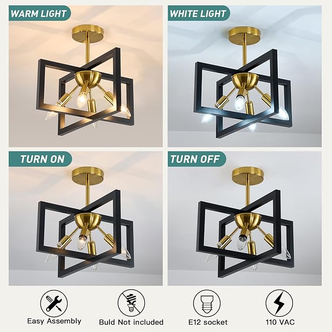 ZGLAOJT 4-Lights Ceiling Light Fixture Modern Black and Gold Semi Flush Mount Ceiling Lighting Matte Chandelier for Bedroom Kitchen Foyer Hallway Living Room Farmhouse