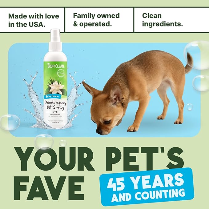 TropiClean Dog Perfume, Long Lasting Baby Powder Cologne, Deodorizing Spray for Smelly Dogs, After Bath Detangling Spray with Vitamin E, Safe for Cats, 8oz.